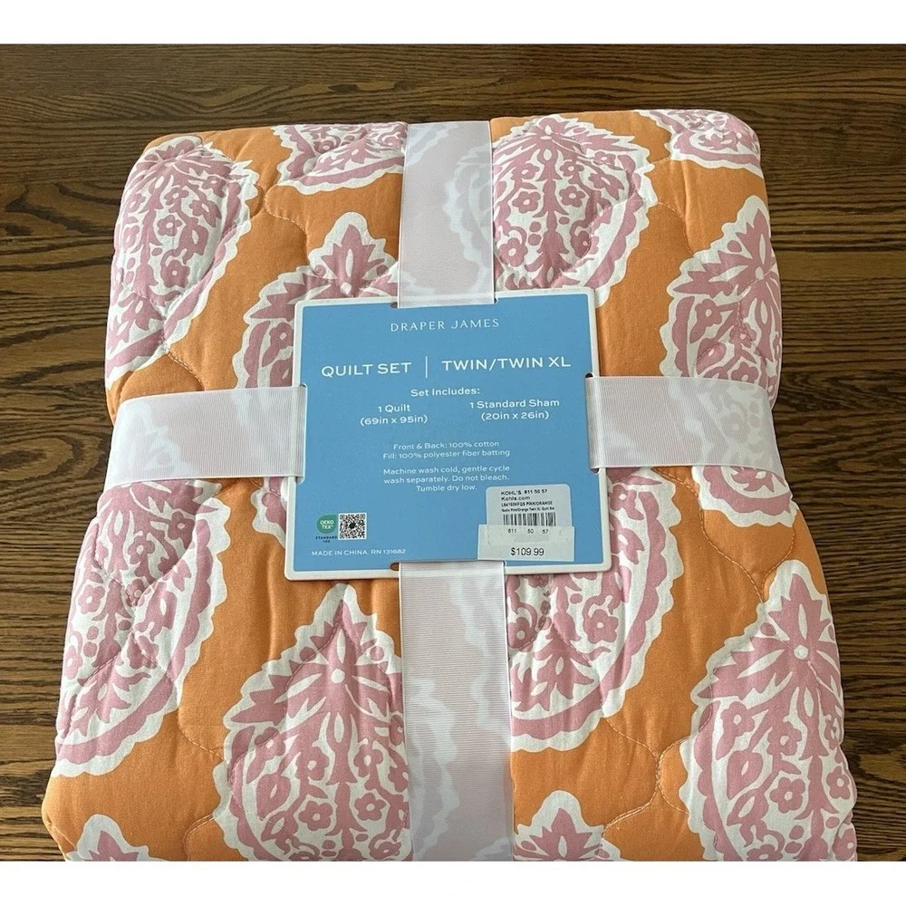 Draper James Twin Quilt Sham Set Orange Pink Paisley Floral Cottagecore Dorm NEW